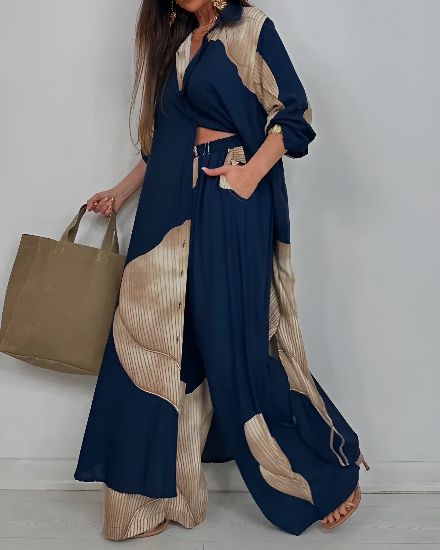 Skye | Trendy Patchwork Printed Top & Wide Leg Pants Set
