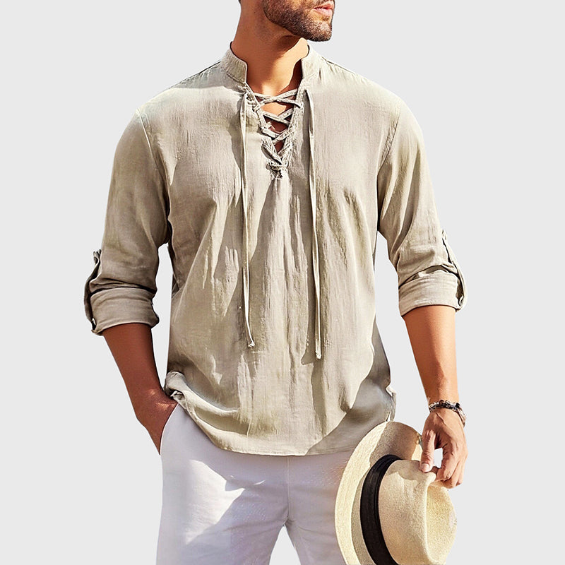 Men’s Lace Up V-Neck Long Sleeve Shirt