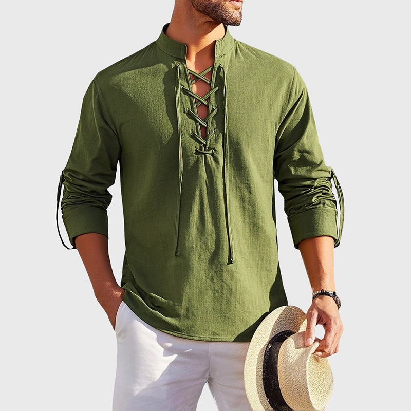 Men’s Lace Up V-Neck Long Sleeve Shirt