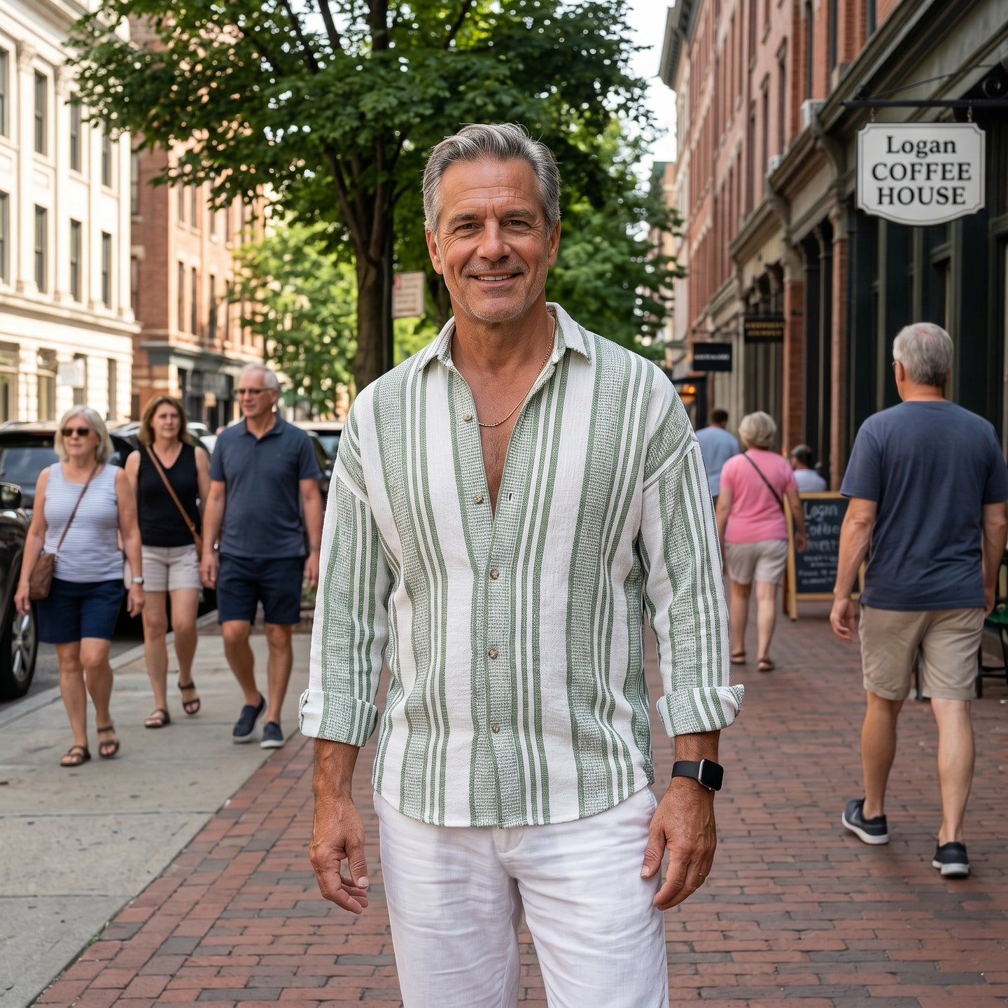 Men's Striped Button-Down Long Sleeve Beach Shirt