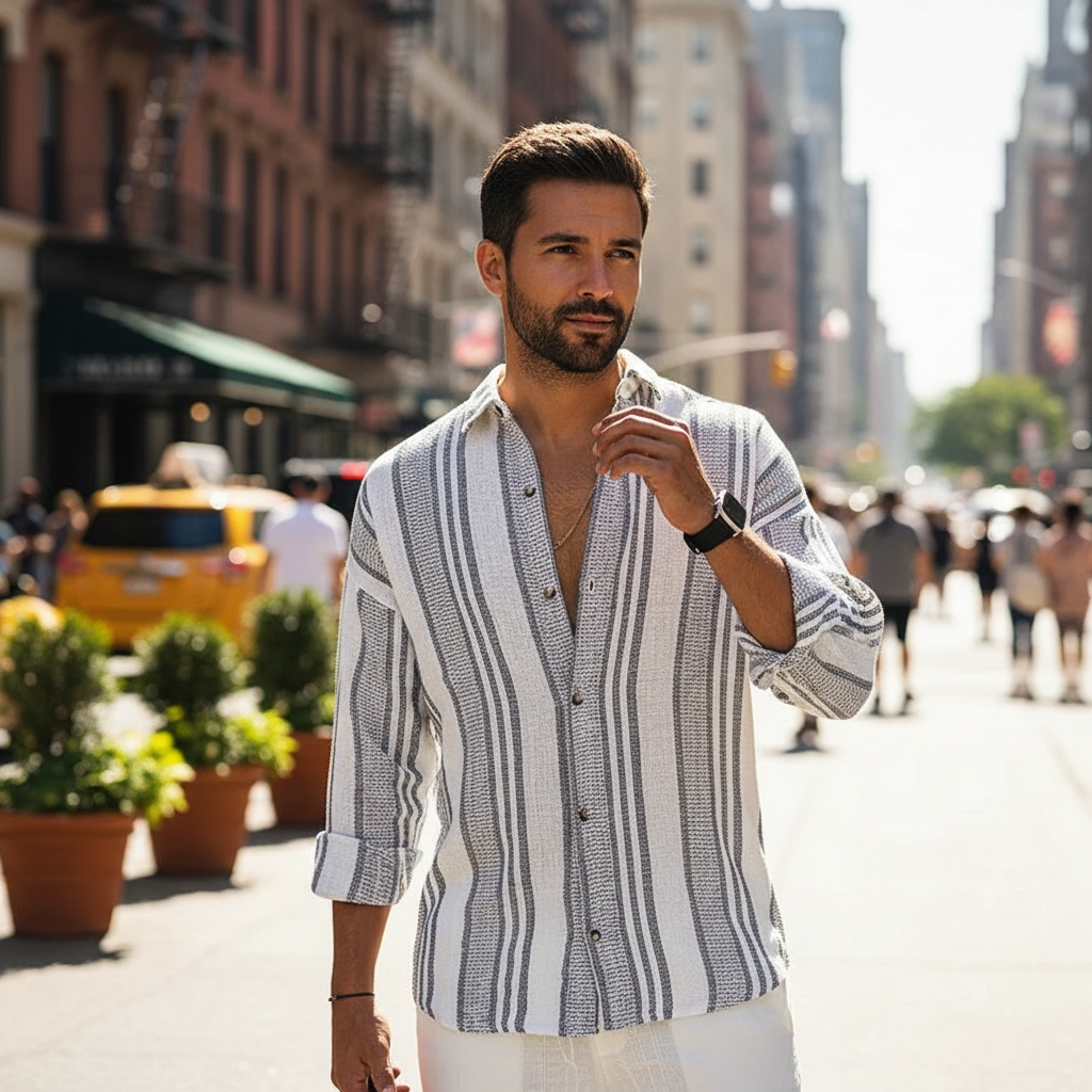 Men's Striped Button-Down Long Sleeve Beach Shirt