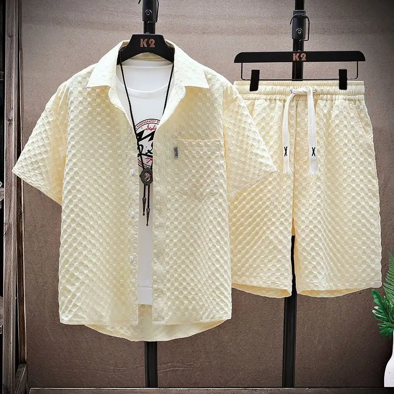 Men’s Summer Textured Collared Shirt And Shorts Set