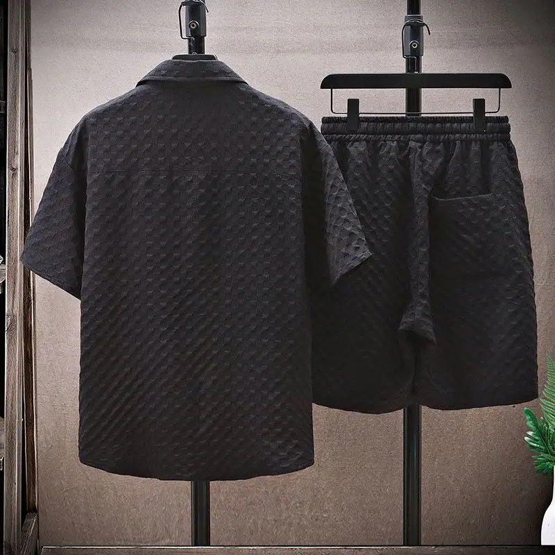 Men’s Summer Textured Collared Shirt And Shorts Set