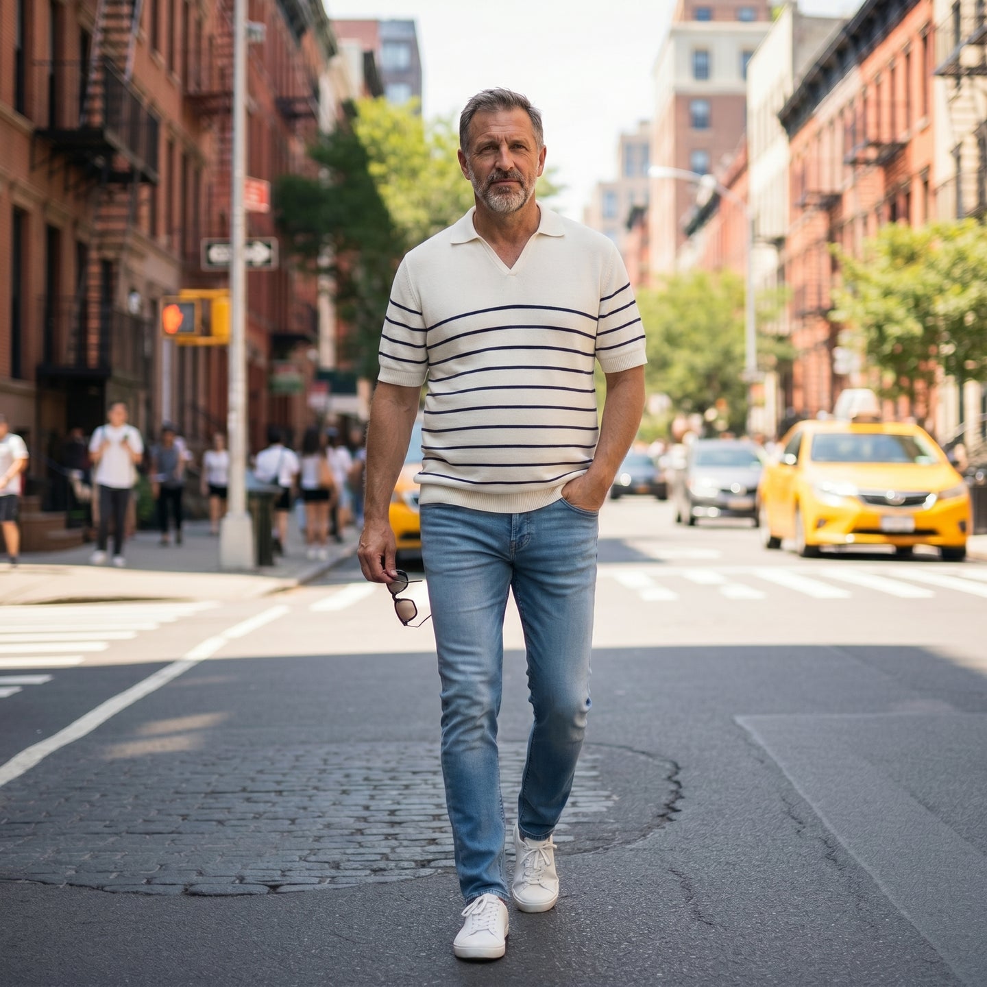 Men’s White Stripe Knit Collared Shirt