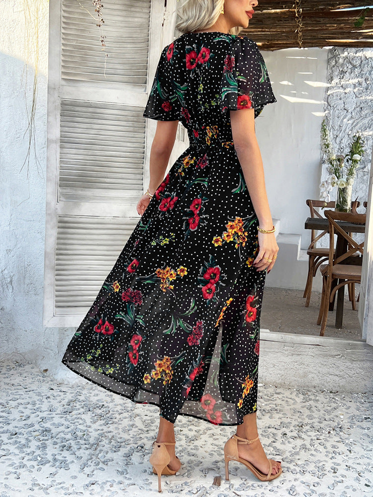 Cali | Floral Polka Dot V-Neck Maxi Dress