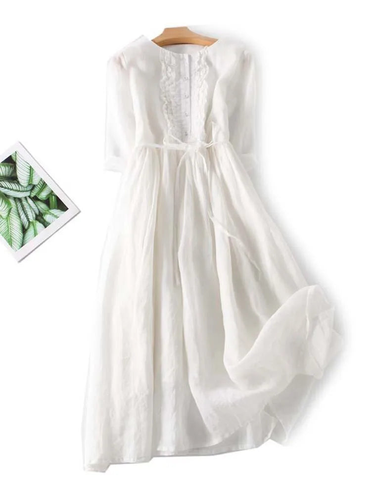 Arya | Women's Art Retro Round Neck Lace Up Waist Dress