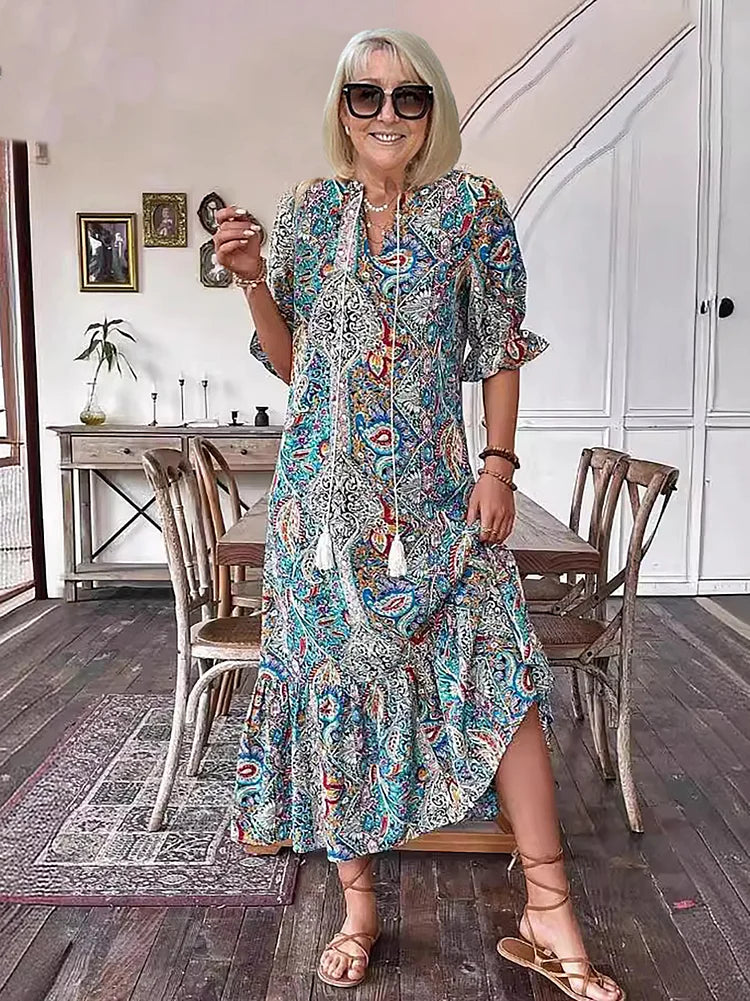 Carolette | Boho Drawstring Neck Maxi Dress