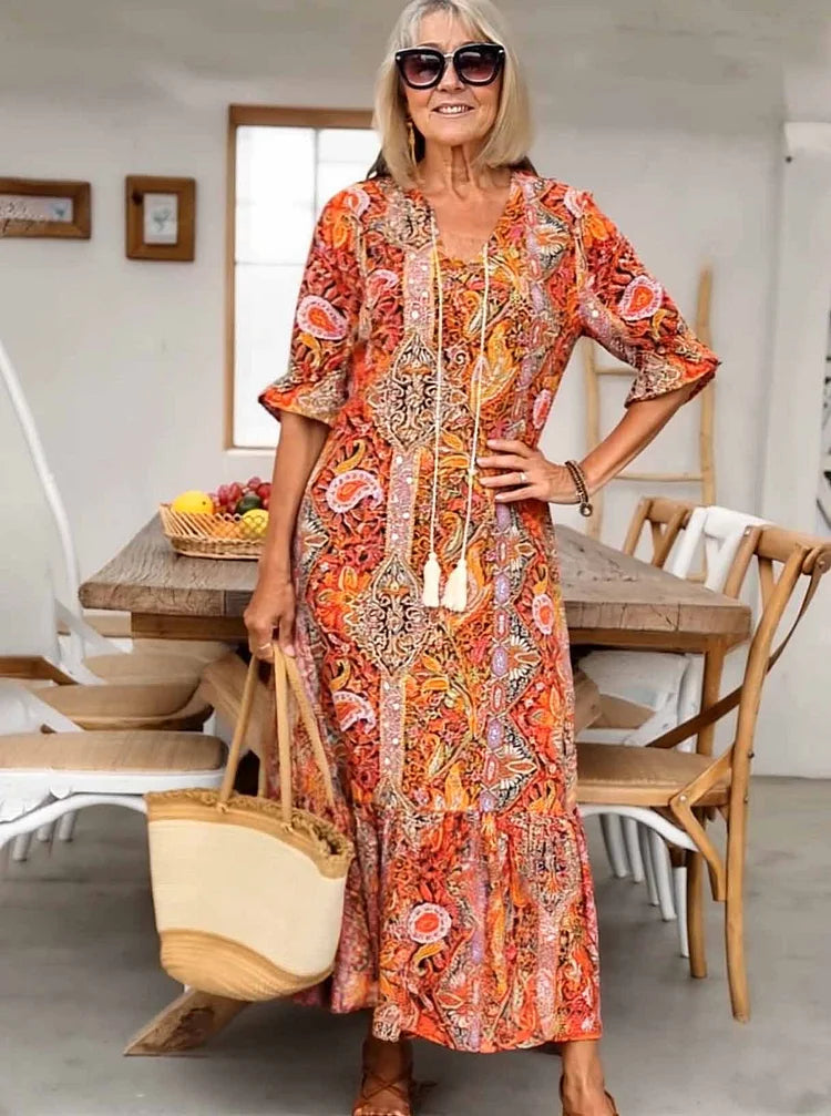Carolette | Boho Drawstring Neck Maxi Dress