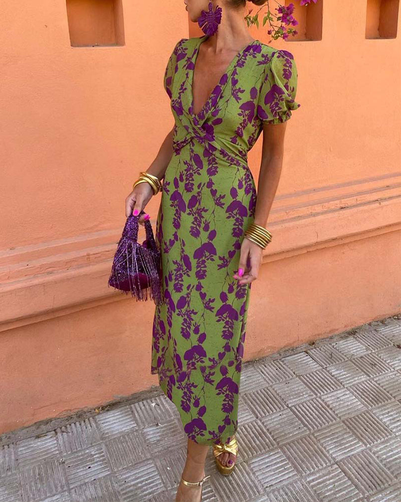 Isla | Elegant Deep V-Neck Leaf Print Dress
