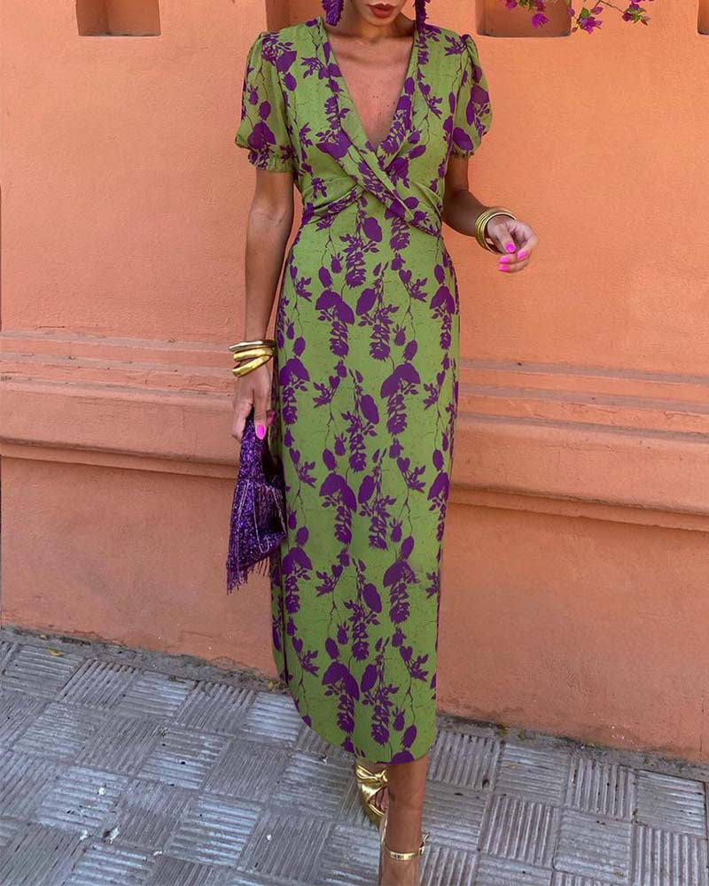 Isla | Elegant Deep V-Neck Leaf Print Dress