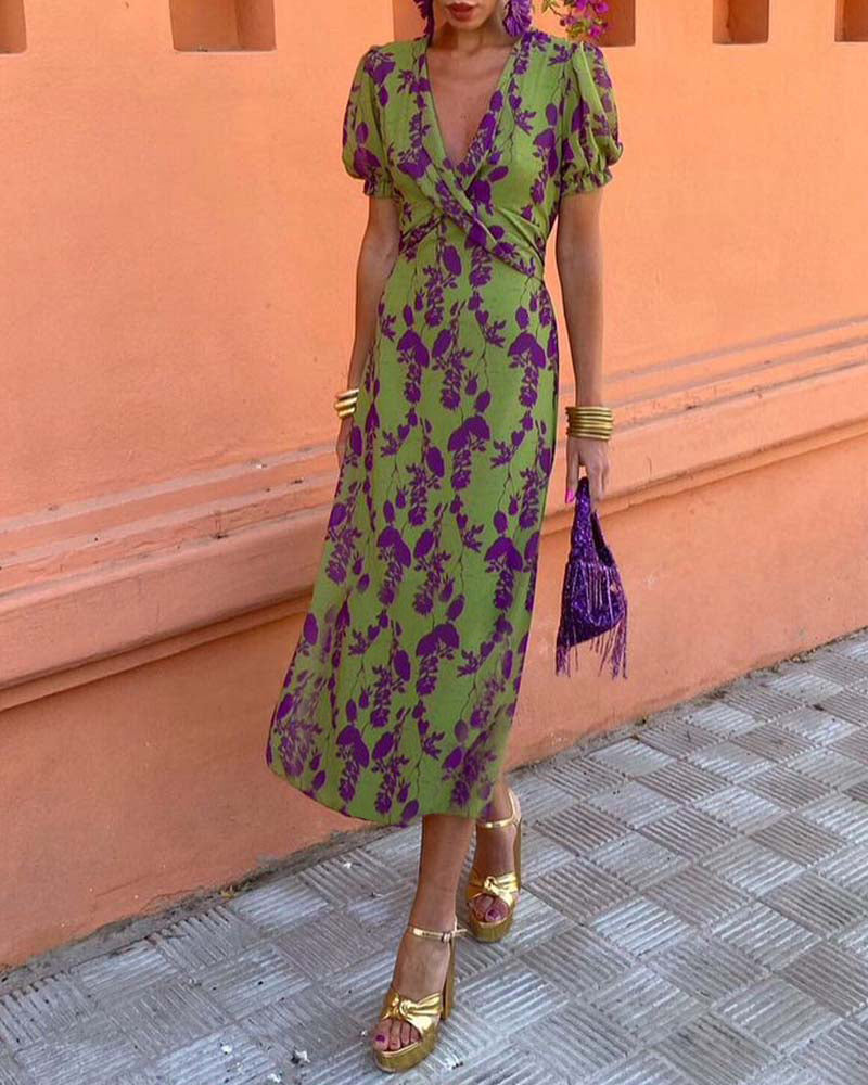 Isla | Elegant Deep V-Neck Leaf Print Dress