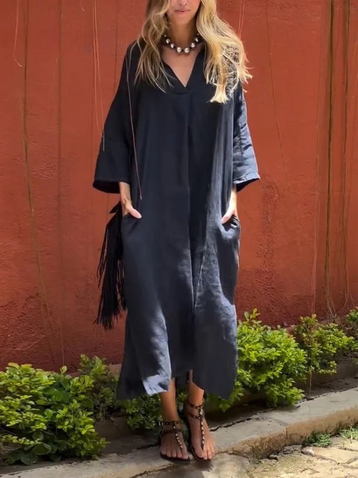 Ishael | Solid V-Neck Long Loose Fit Dress
