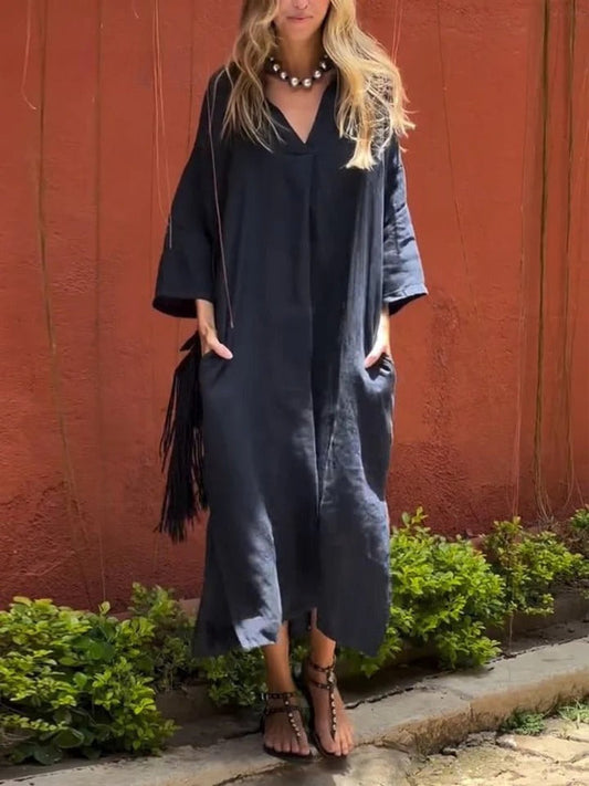Ishael | Solid V-Neck Long Loose Fit Dress