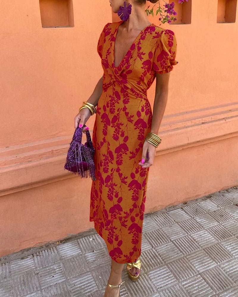 Isla | Elegant Deep V-Neck Leaf Print Dress