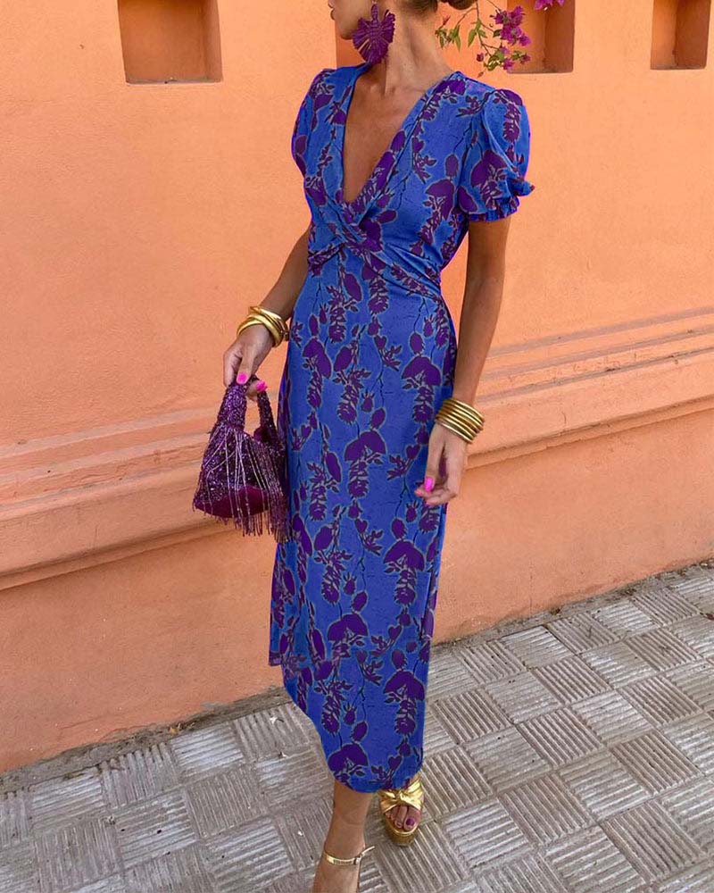 Isla | Elegant Deep V-Neck Leaf Print Dress