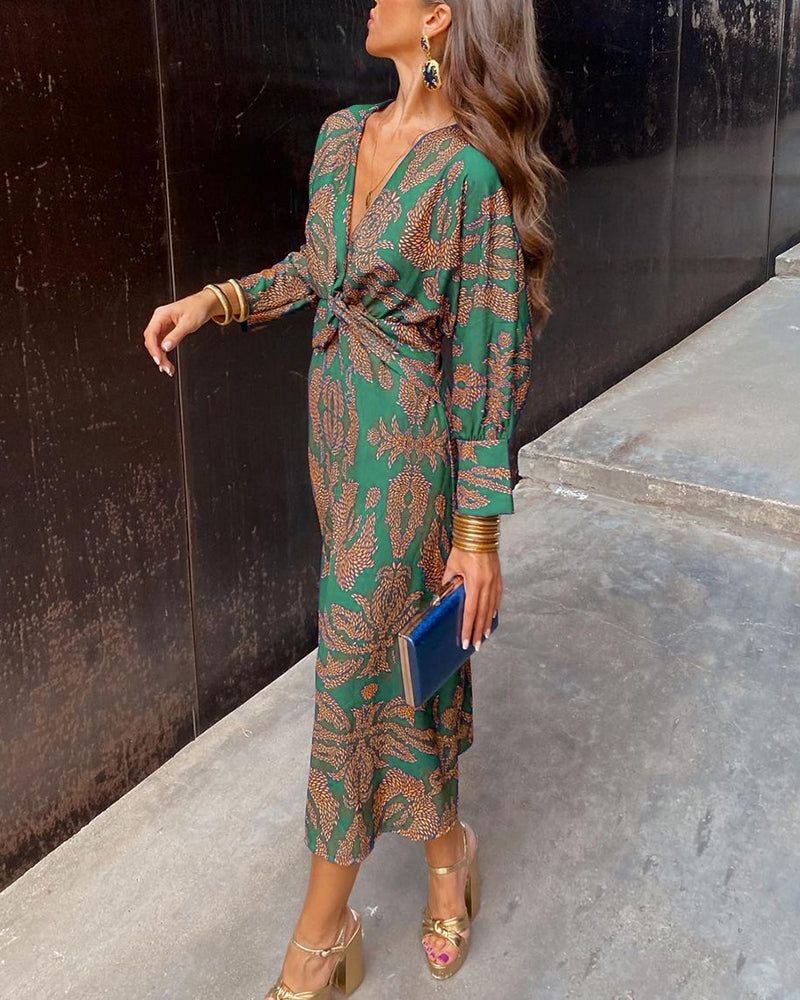 Willa | Vintage Printed V-Neck Long Dress