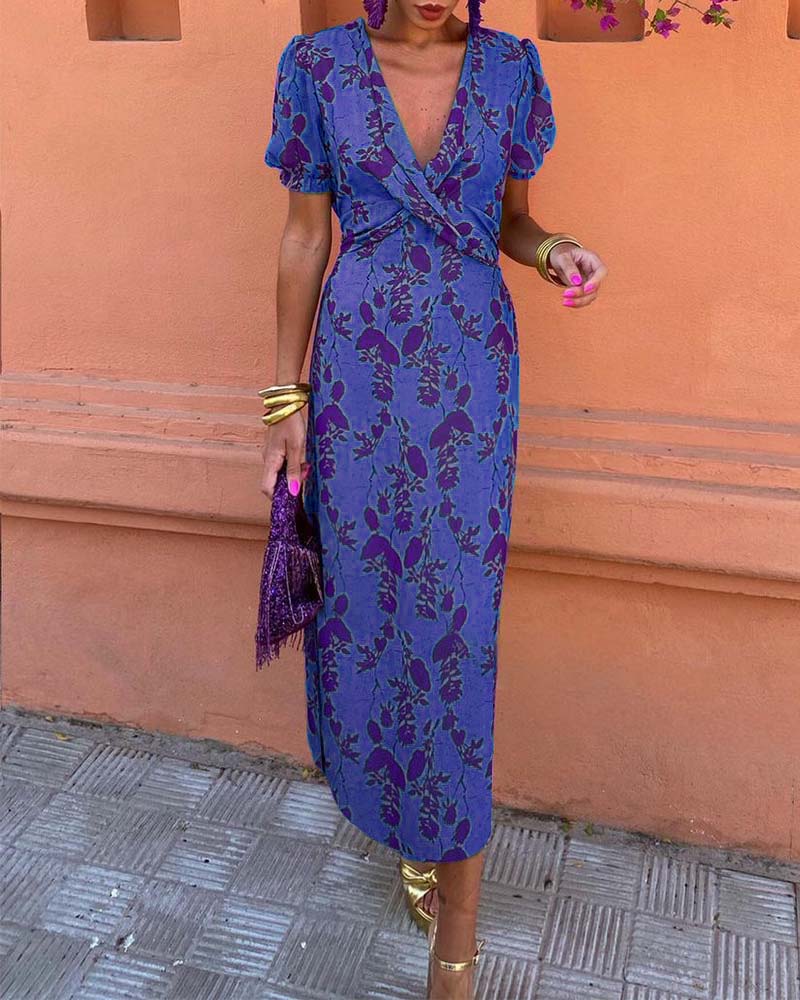 Isla | Elegant Deep V-Neck Leaf Print Dress