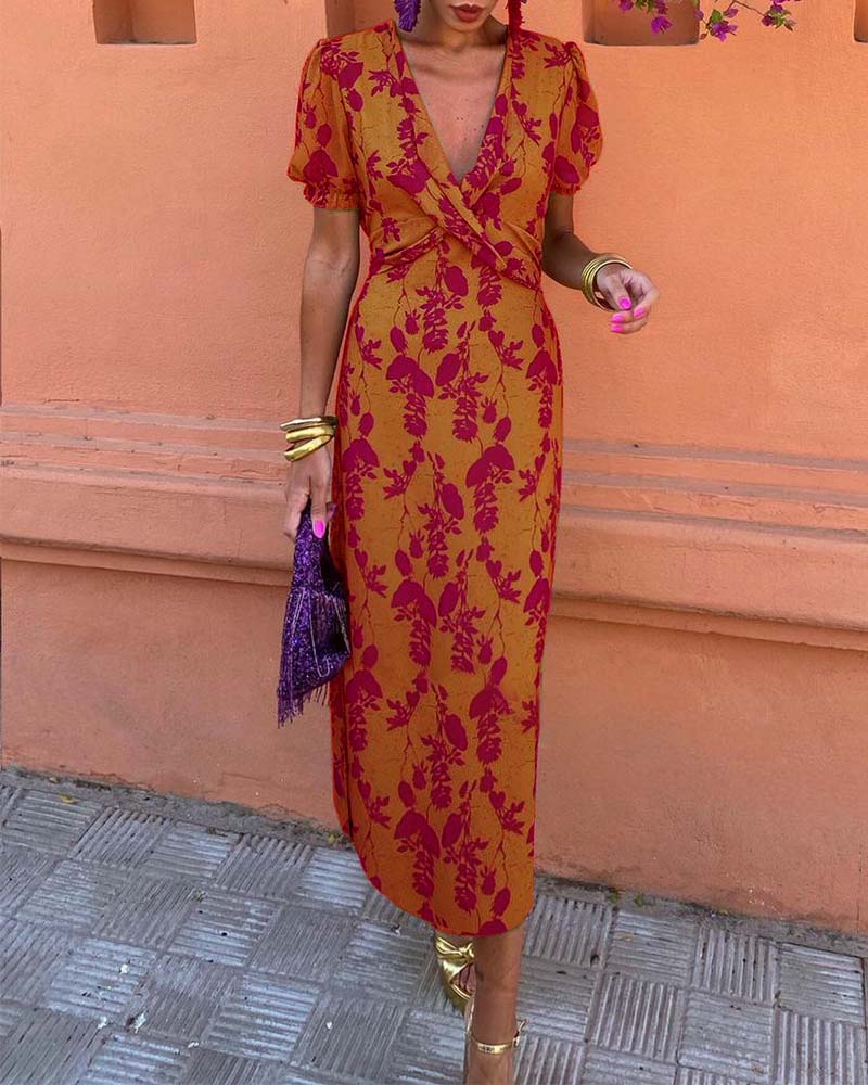 Isla | Elegant Deep V-Neck Leaf Print Dress
