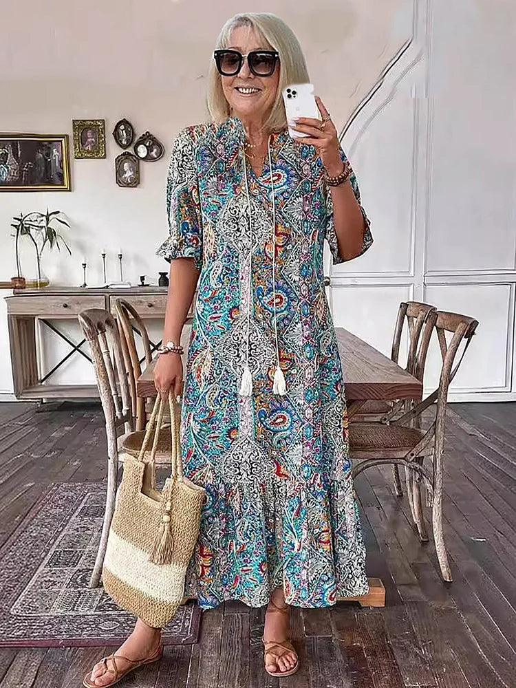 Carolette | Boho Drawstring Neck Maxi Dress