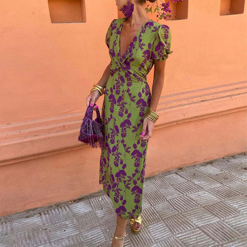 Isla | Elegant Deep V-Neck Leaf Print Dress
