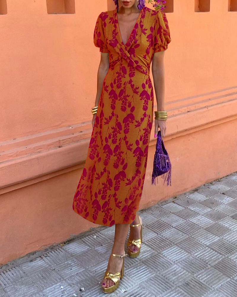 Isla | Elegant Deep V-Neck Leaf Print Dress