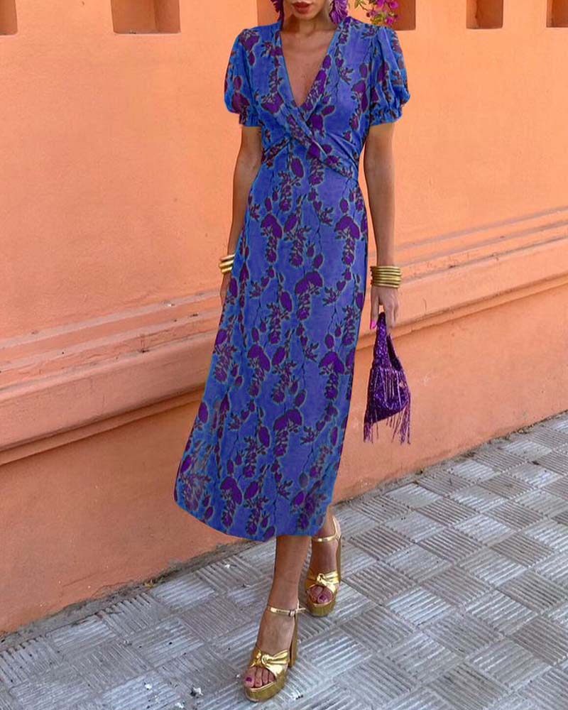 Isla | Elegant Deep V-Neck Leaf Print Dress