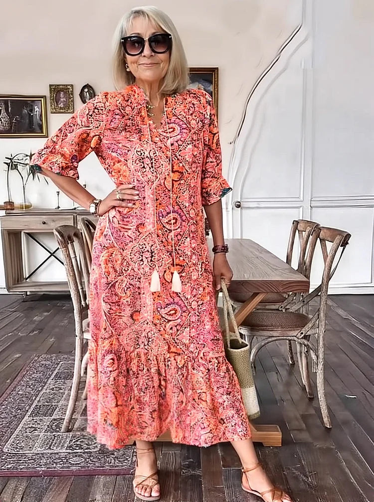 Carolette | Boho Drawstring Neck Maxi Dress