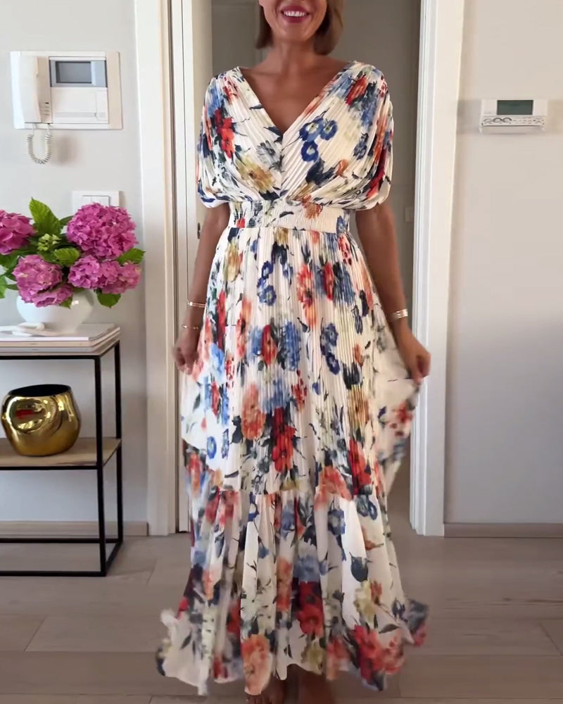 Freya | Elegant V-Neck Pleated Long Bohemian Dress