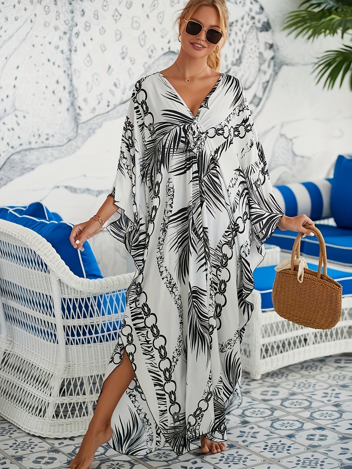 Erica | Monochrome Palm Print Dress
