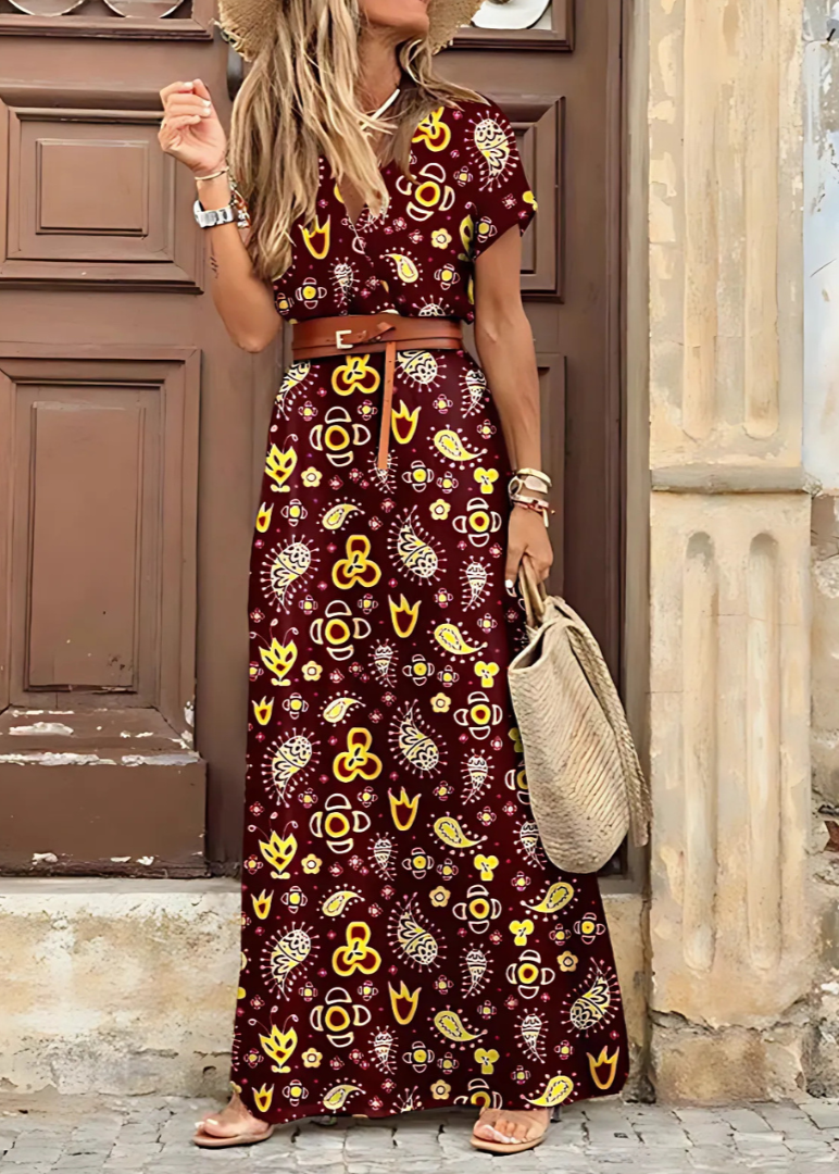 Remy | Long Bohemian Dress with Pleated Waist