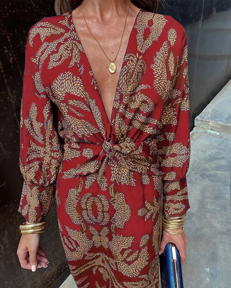 Willa | Vintage Printed V-Neck Long Dress