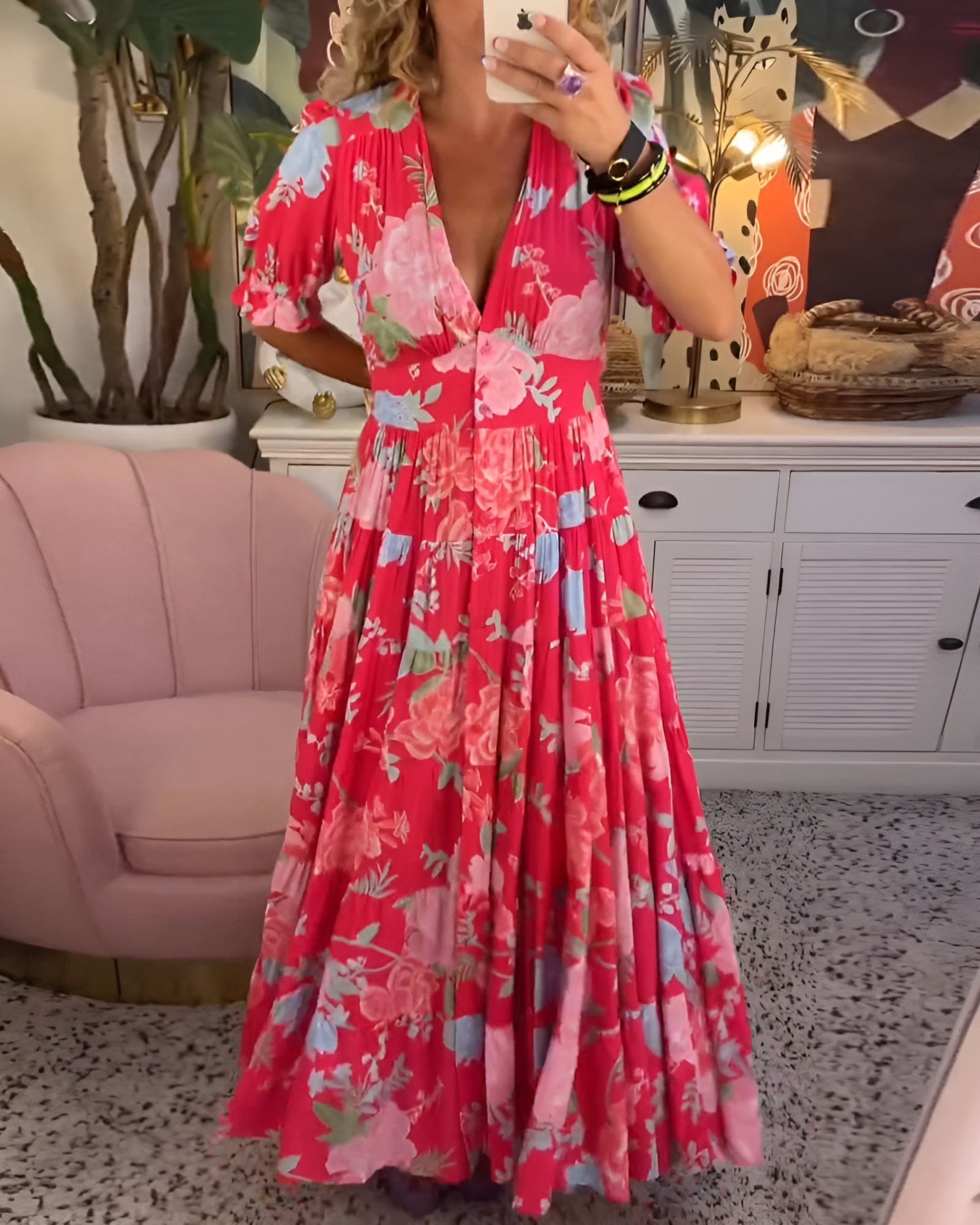 Carine | Floral Print V-Neck Pocket Dress