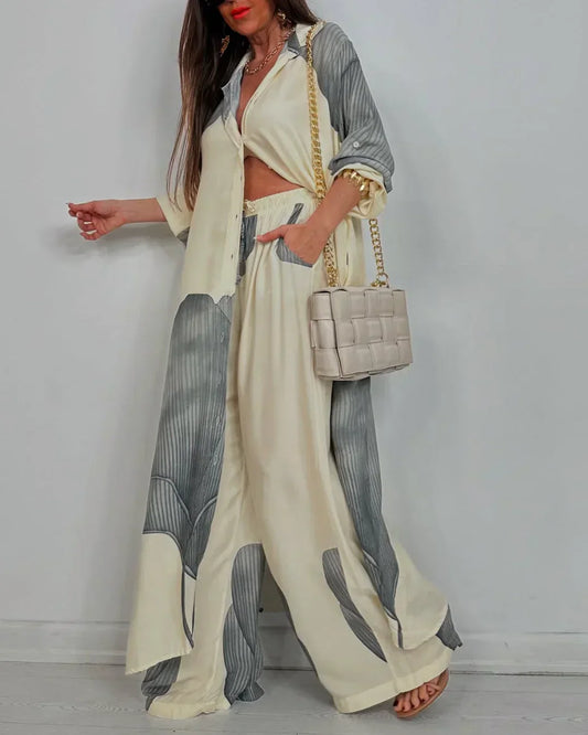 Skye | Trendy Patchwork Printed Top & Wide Leg Pants Set