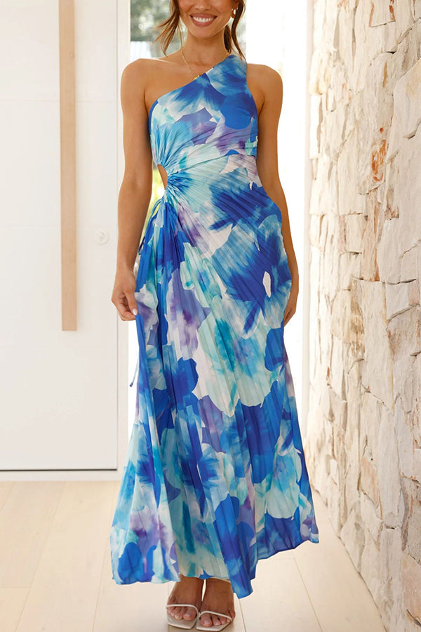 Deja | Floral Pattern One-Shoulder Pleated Maxi Dress