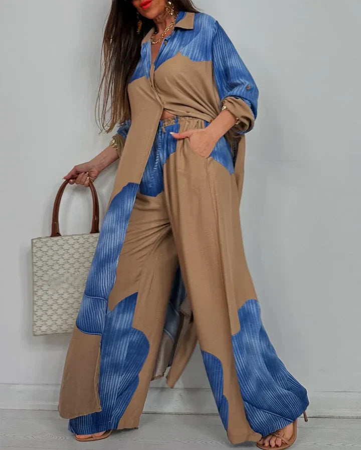 Skye | Trendy Patchwork Printed Top & Wide Leg Pants Set