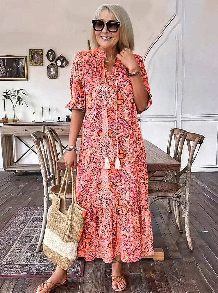 Carolette | Boho Drawstring Neck Maxi Dress