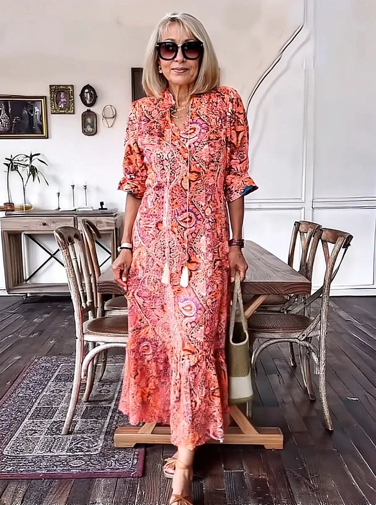 Carolette | Boho Drawstring Neck Maxi Dress