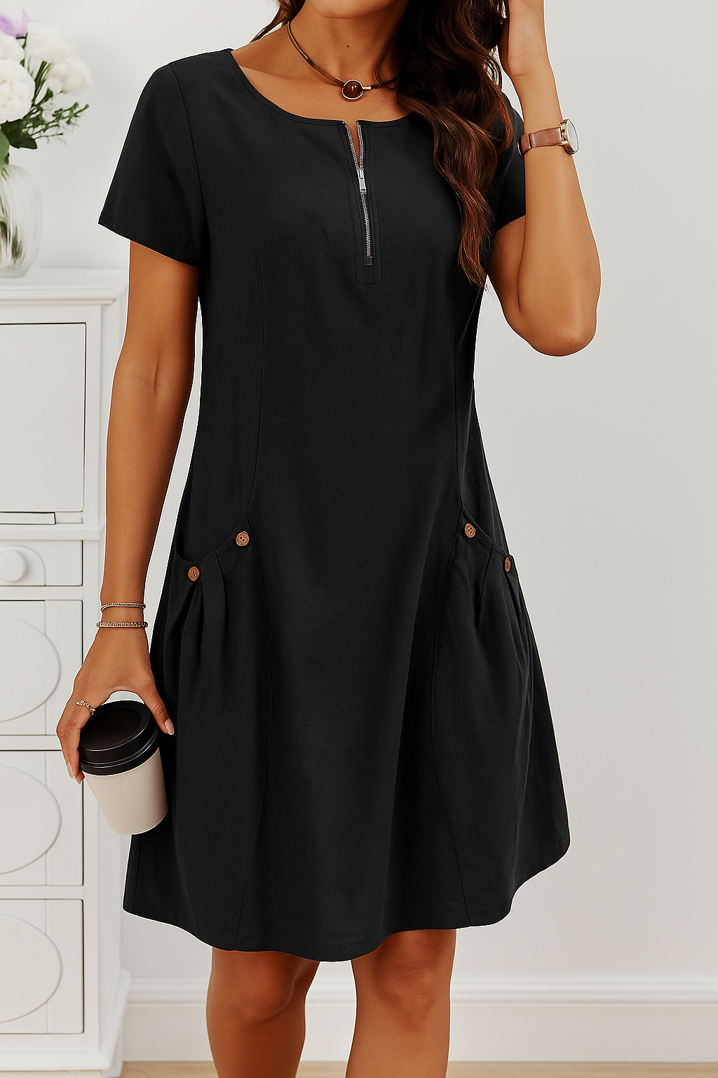 Rudina | Elegant Short Sleeve Cotton Dress With Pockets