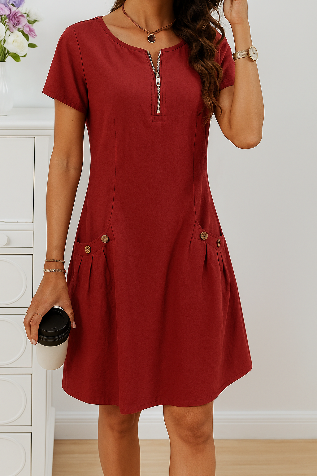Rudina | Elegant Short Sleeve Cotton Dress With Pockets