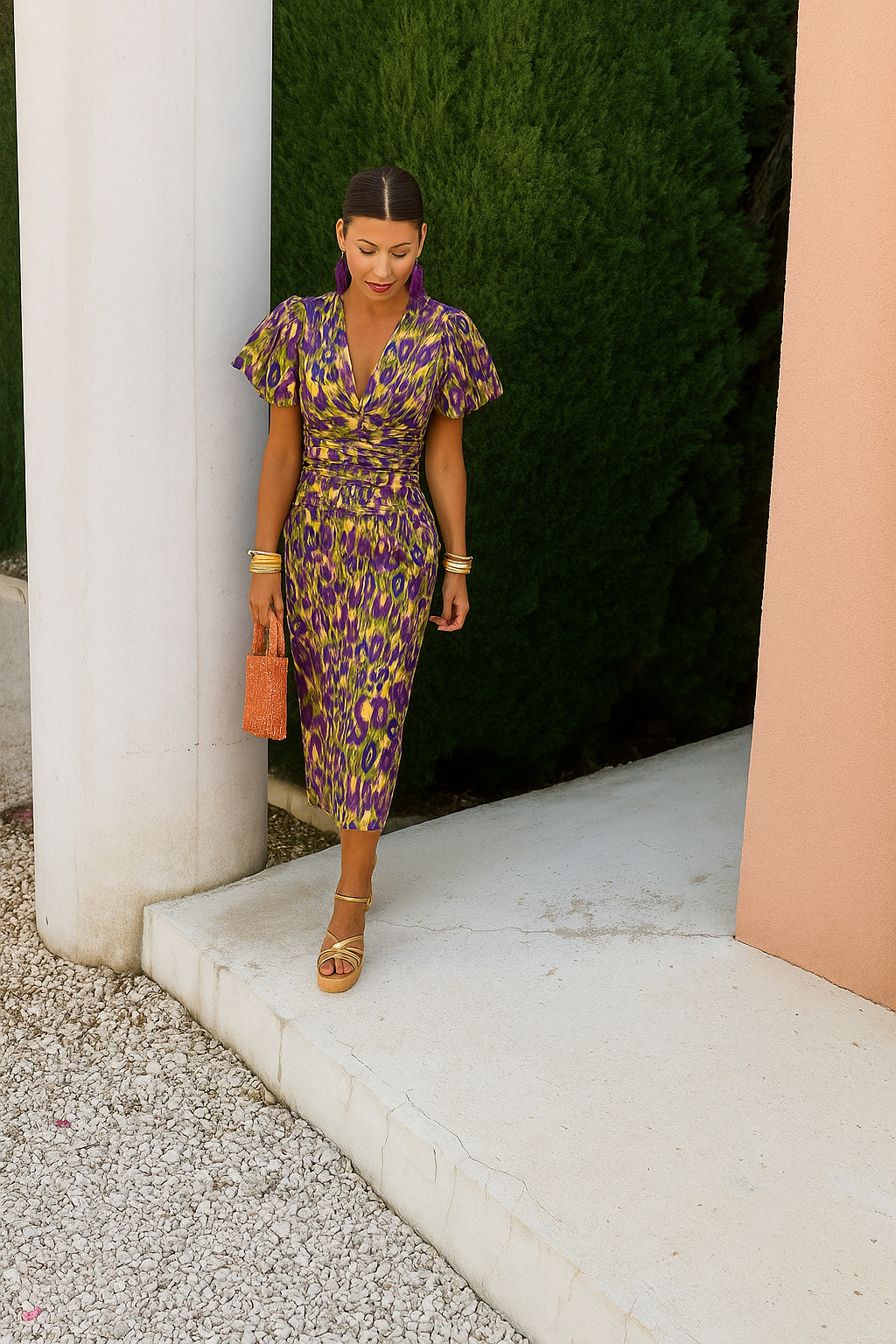 Arielle | Colorful Midi Dress For Women With Pleated Sleeves