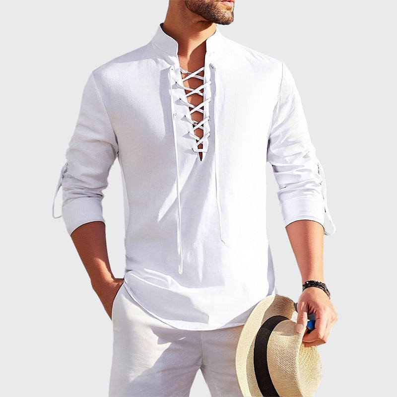 Men’s Lace Up V-Neck Long Sleeve Shirt