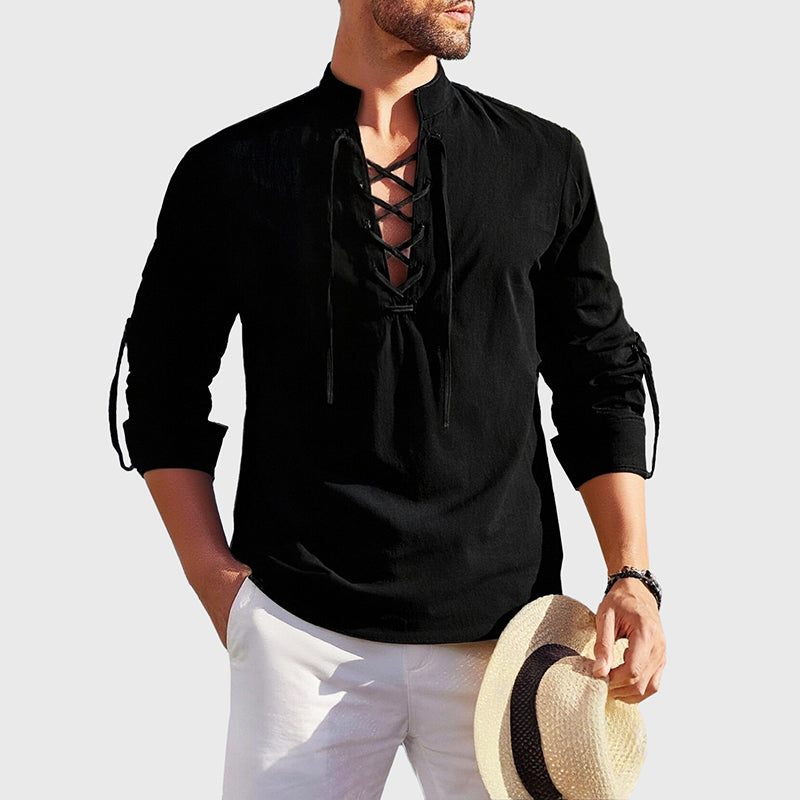 Men’s Lace Up V-Neck Long Sleeve Shirt