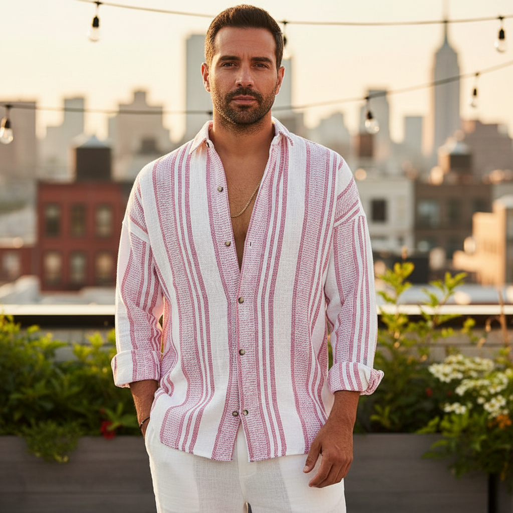 Men's Striped Button-Down Long Sleeve Beach Shirt