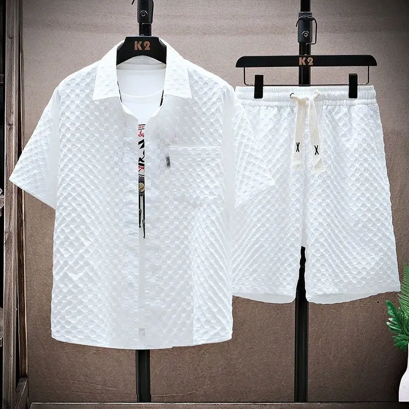 Men’s Summer Textured Collared Shirt And Shorts Set
