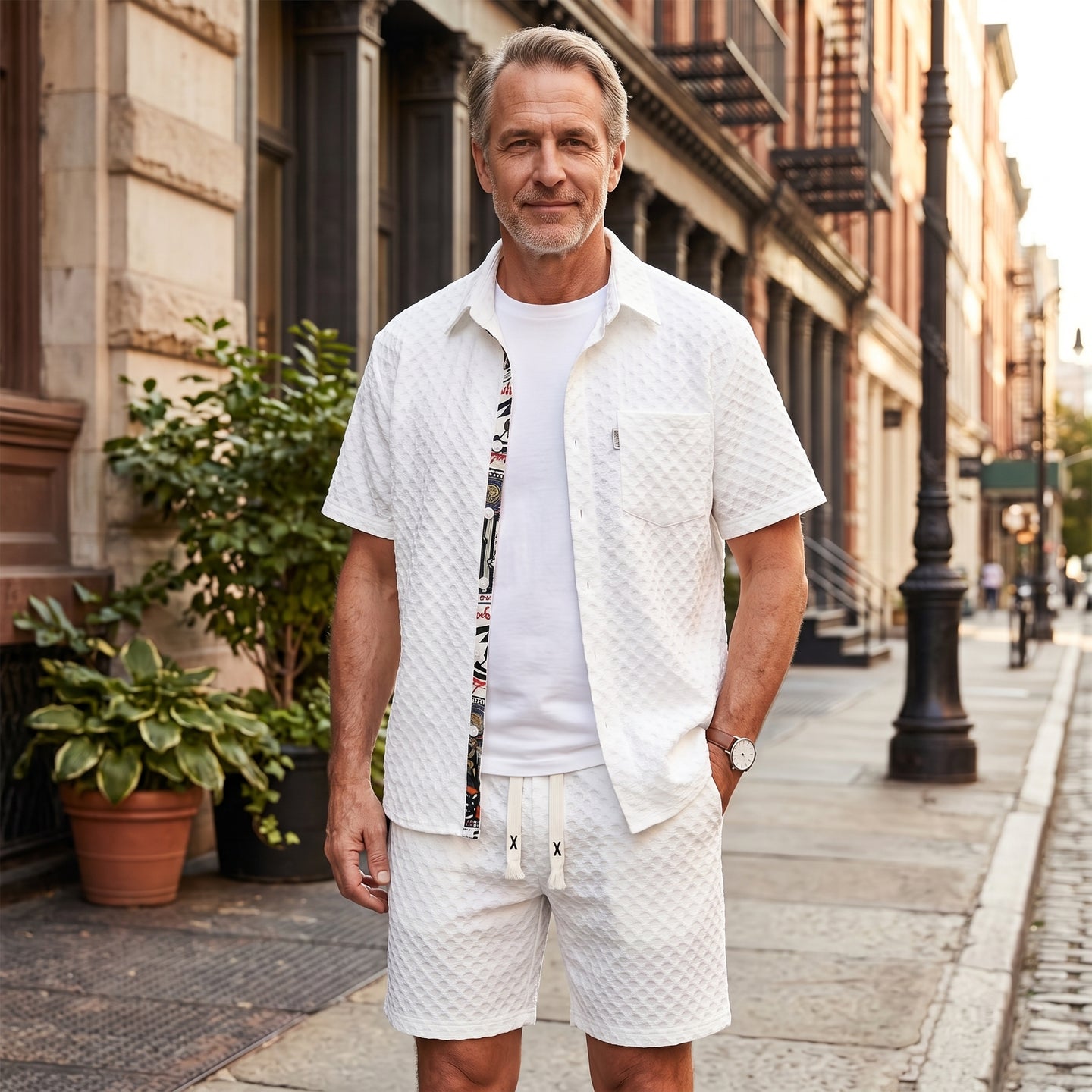 Men’s Summer Textured Collared Shirt And Shorts Set