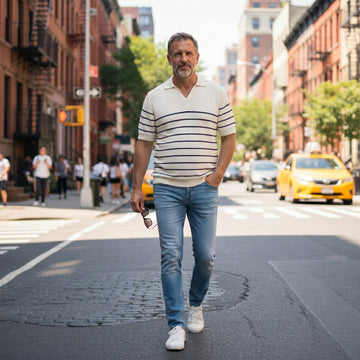 Men’s White Stripe Knit Collared Shirt