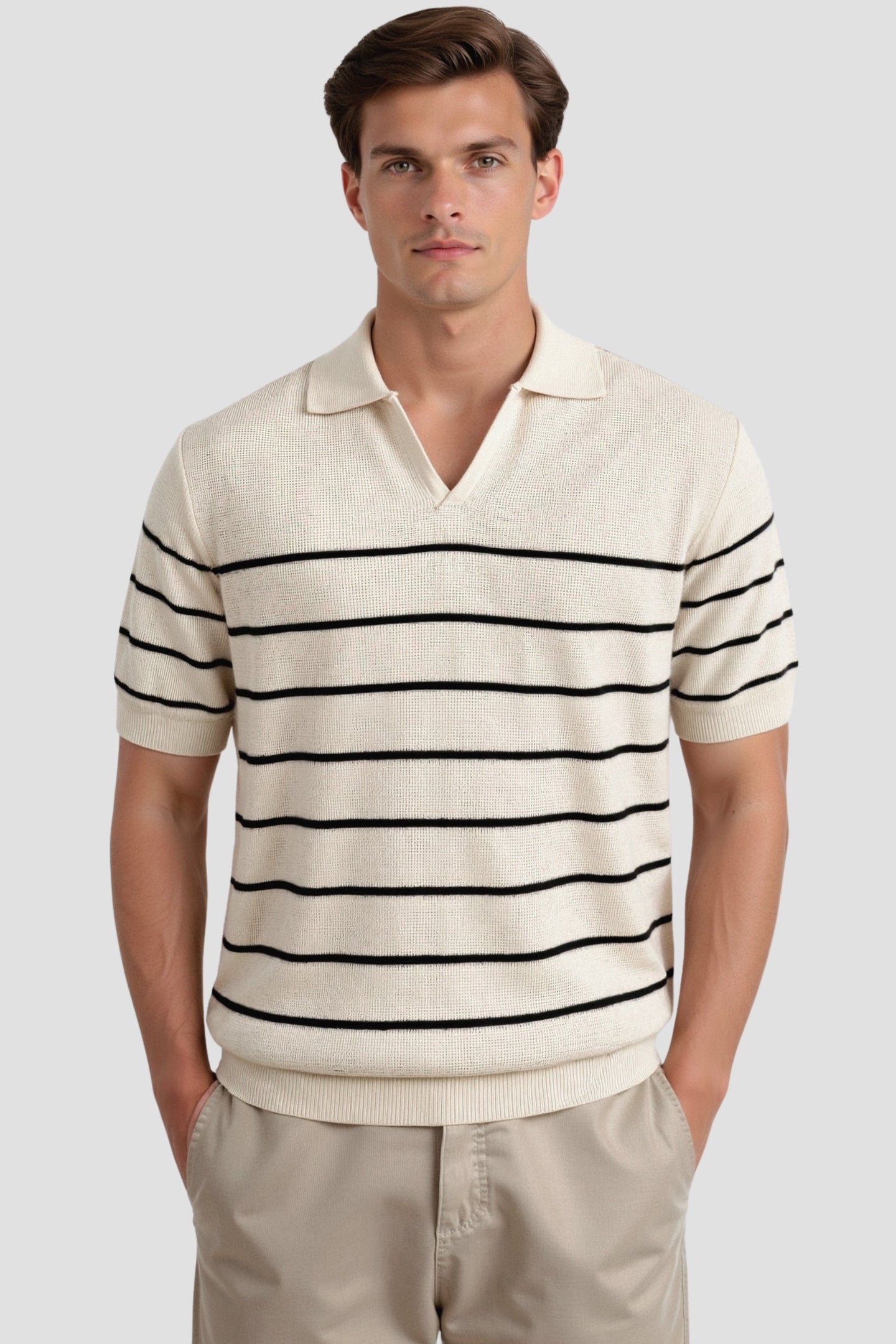 Men’s White Stripe Knit Collared Shirt