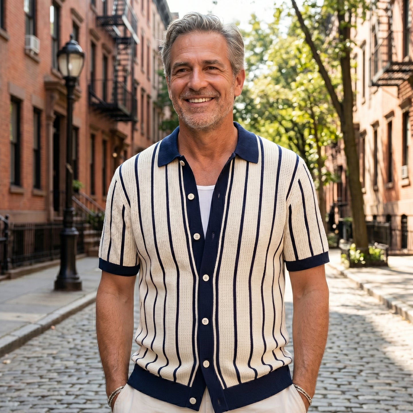 Men’s White Vertical Striped Short Sleeve Buttoned Shirt