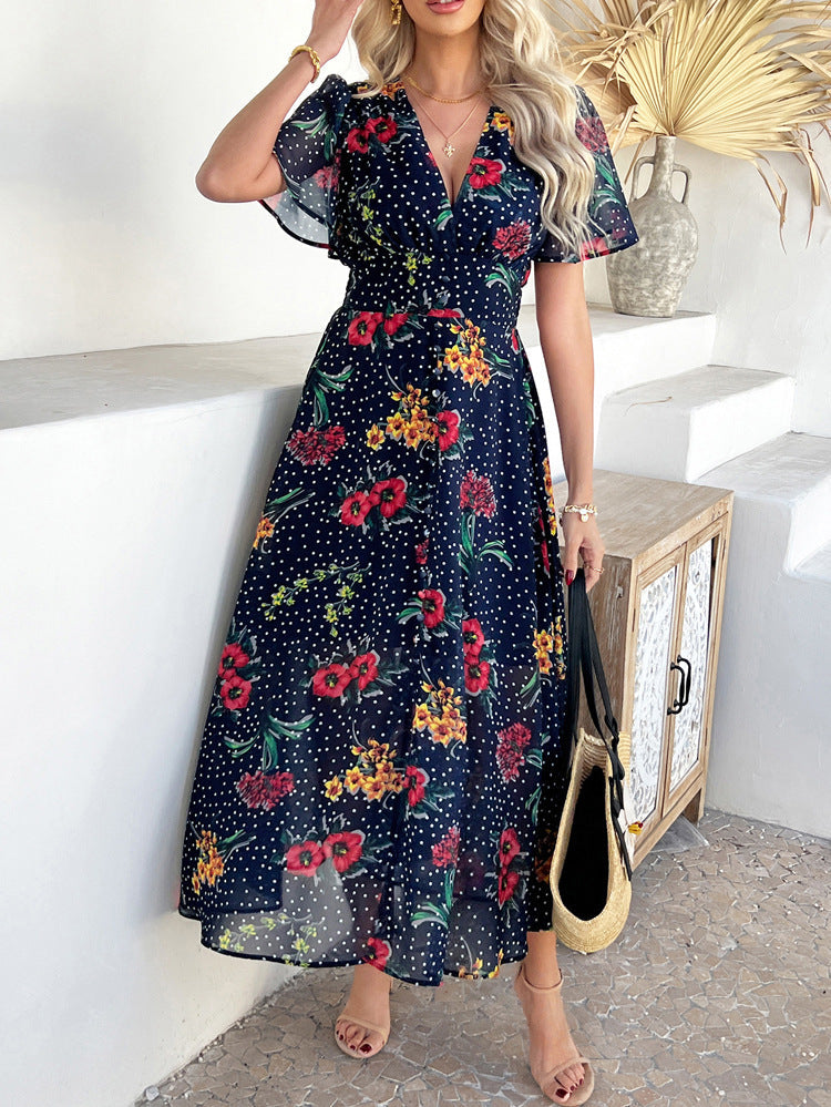 Cali | Floral Polka Dot V-Neck Maxi Dress