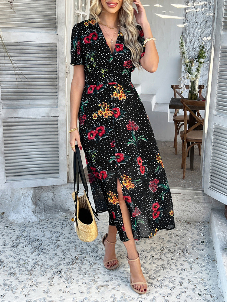 Cali | Floral Polka Dot V-Neck Maxi Dress
